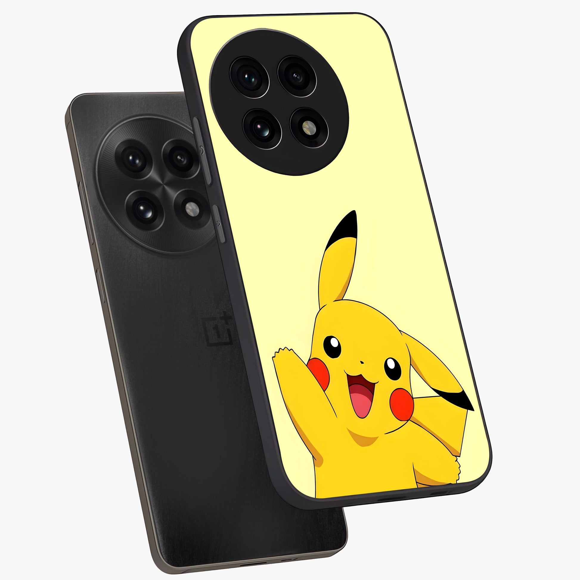 Happy Electric Pikachu Glass Case for 1+13R angled mockup showcasing glossy finish and vibrant yellow tones