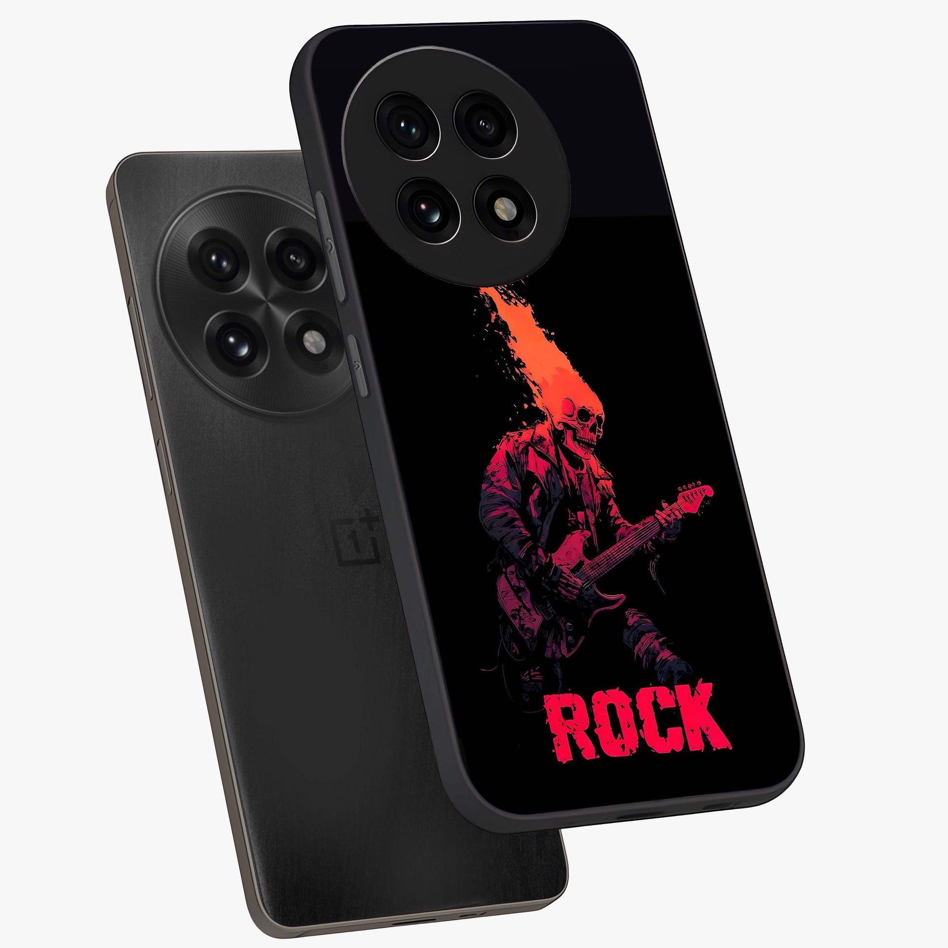 Hellfire Rock Anthem Glass Case for 1+13R captured at a warm angle highlighting bold flame tones, gloss, and edge clarity.