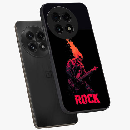 Hellfire Rock Anthem Glass Case for 1+13R captured at a warm angle highlighting bold flame tones, gloss, and edge clarity.