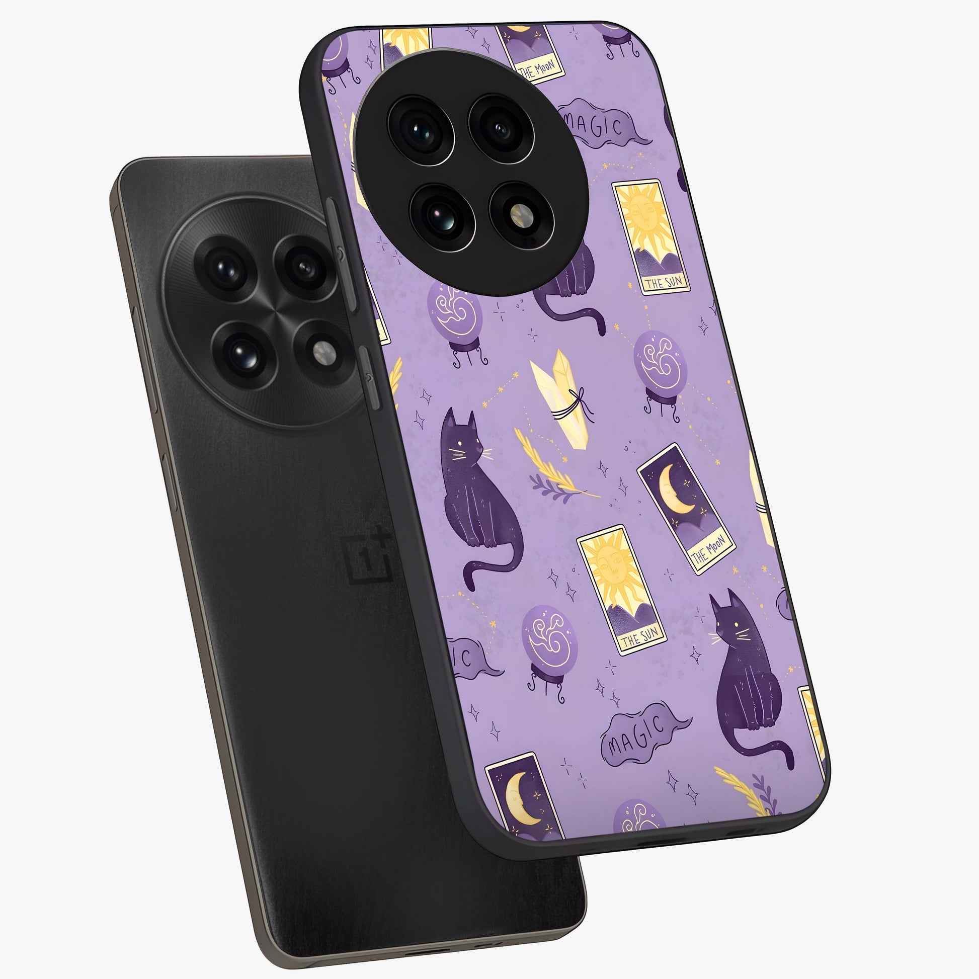 Humble Magic Cats Glass Case for 1+13R captured at a warm angle highlighting playful magical details, gloss, and edge clarity.