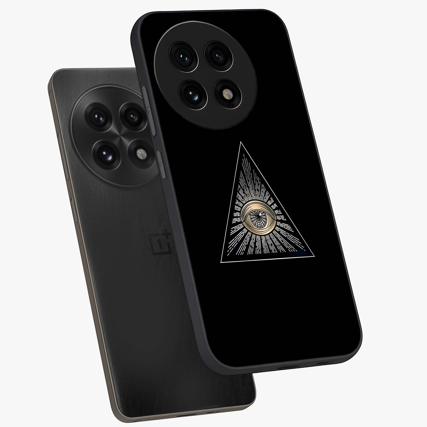 Illuminati Evil Glass Case for 1+13R captured at a warm angle highlighting sharp graphic details, gloss, and edge clarity.