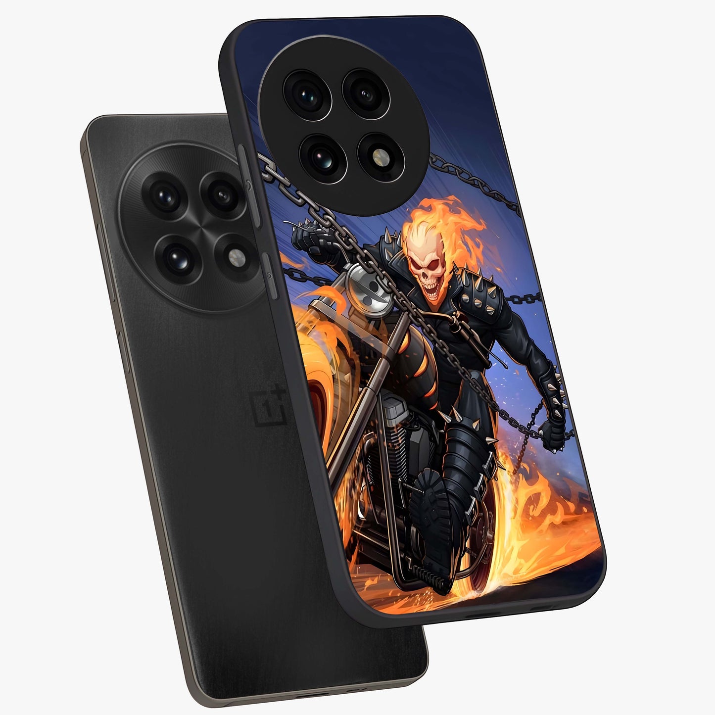 Inferno Chain Rider Glass Case for 1+13R captured at a warm angle highlighting intense flame details, gloss, and edge clarity.
