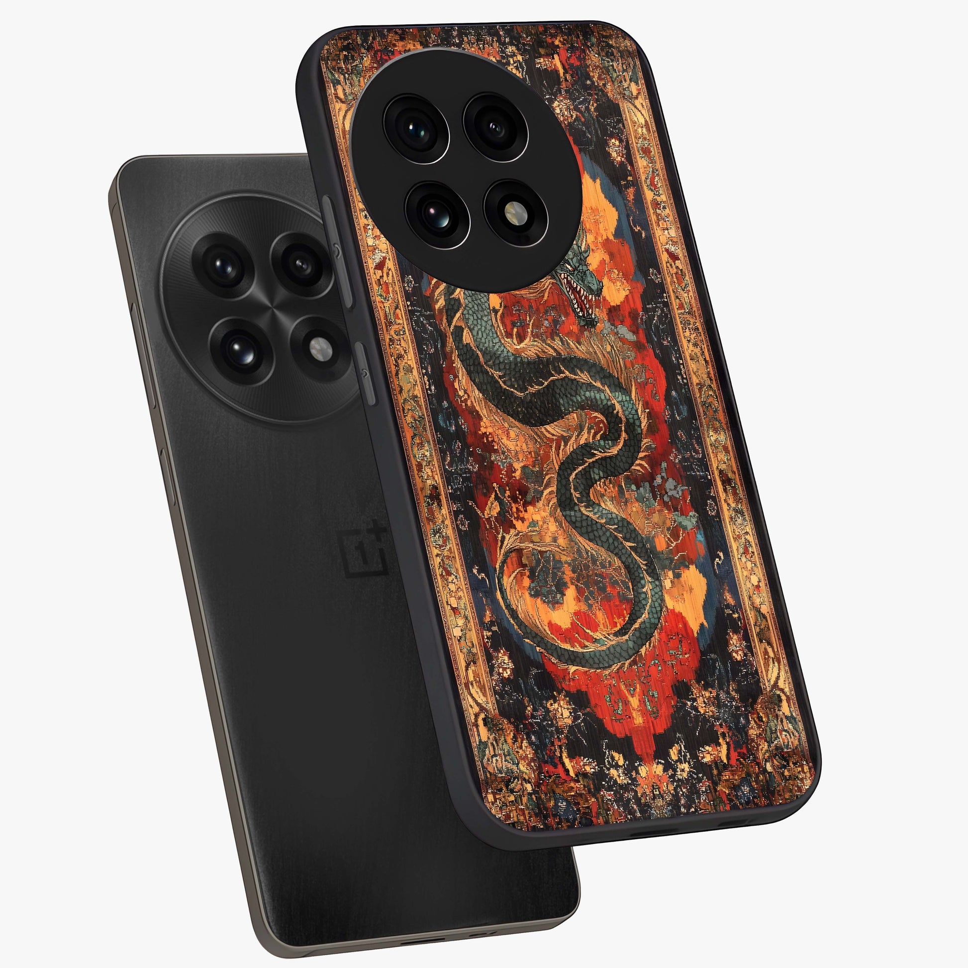 Inferno Dragon Soul Glass Case for 1+13R captured at a warm angle highlighting fierce fire tones, gloss, and edge clarity.