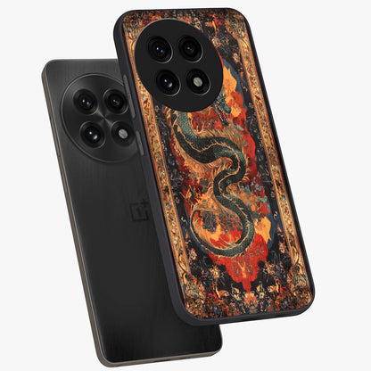 Inferno Dragon Soul Glass Case for 1+13R captured at a warm angle highlighting fierce fire tones, gloss, and edge clarity.