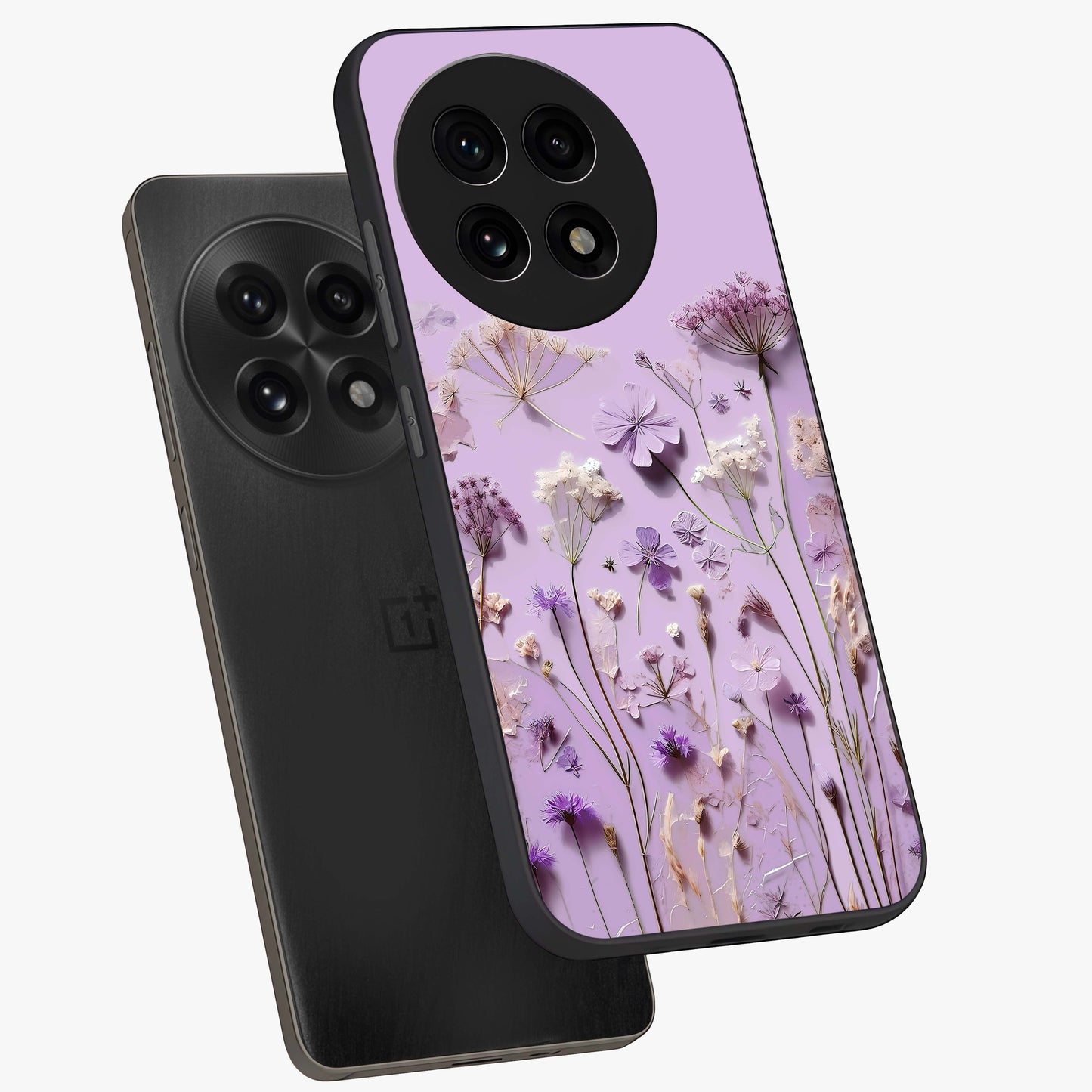 Lavender Blossom Dream Glass Case for 1+13R angled mockup showcasing glossy finish and pastel purple tones