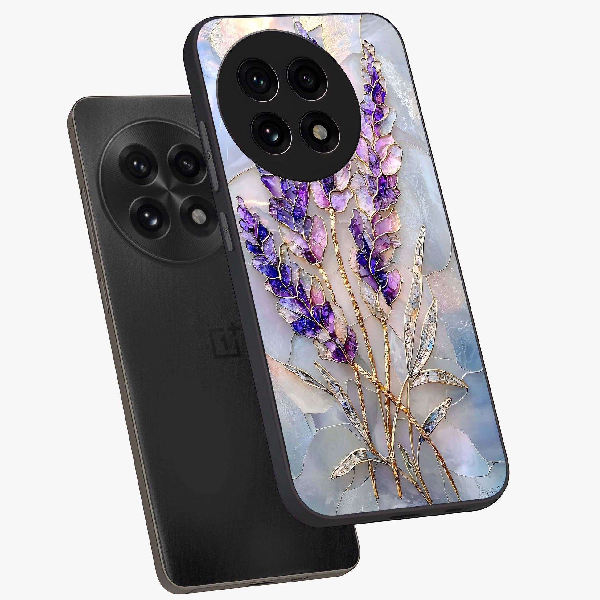 Lavender Dream Glow Glass Case for 1+13R angled mockup showcasing glossy finish and luminous purple gradients
