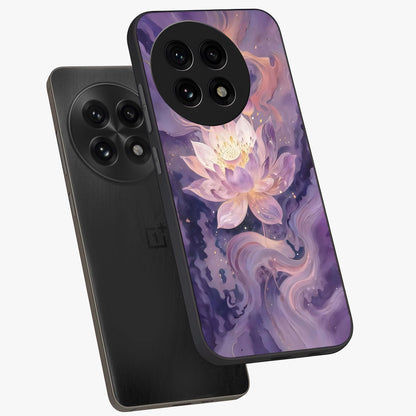 Lavender Lotus Muse Glass Case for 1+13R angled mockup showcasing glossy finish and refined floral detailing