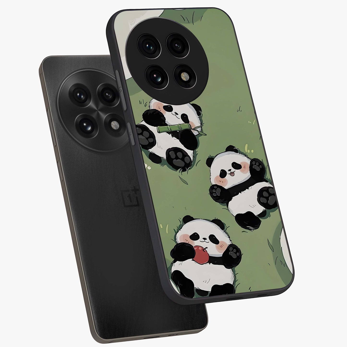 Lazy Panda Picnic Glass Case for 1+13R angled mockup showcasing glossy finish and vibrant cartoon detailing