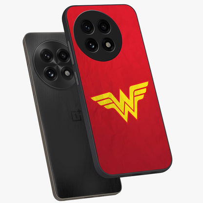 Legendary Wonder Power Glass Case for 1+13R angled mockup showcasing glossy finish and vibrant power tones