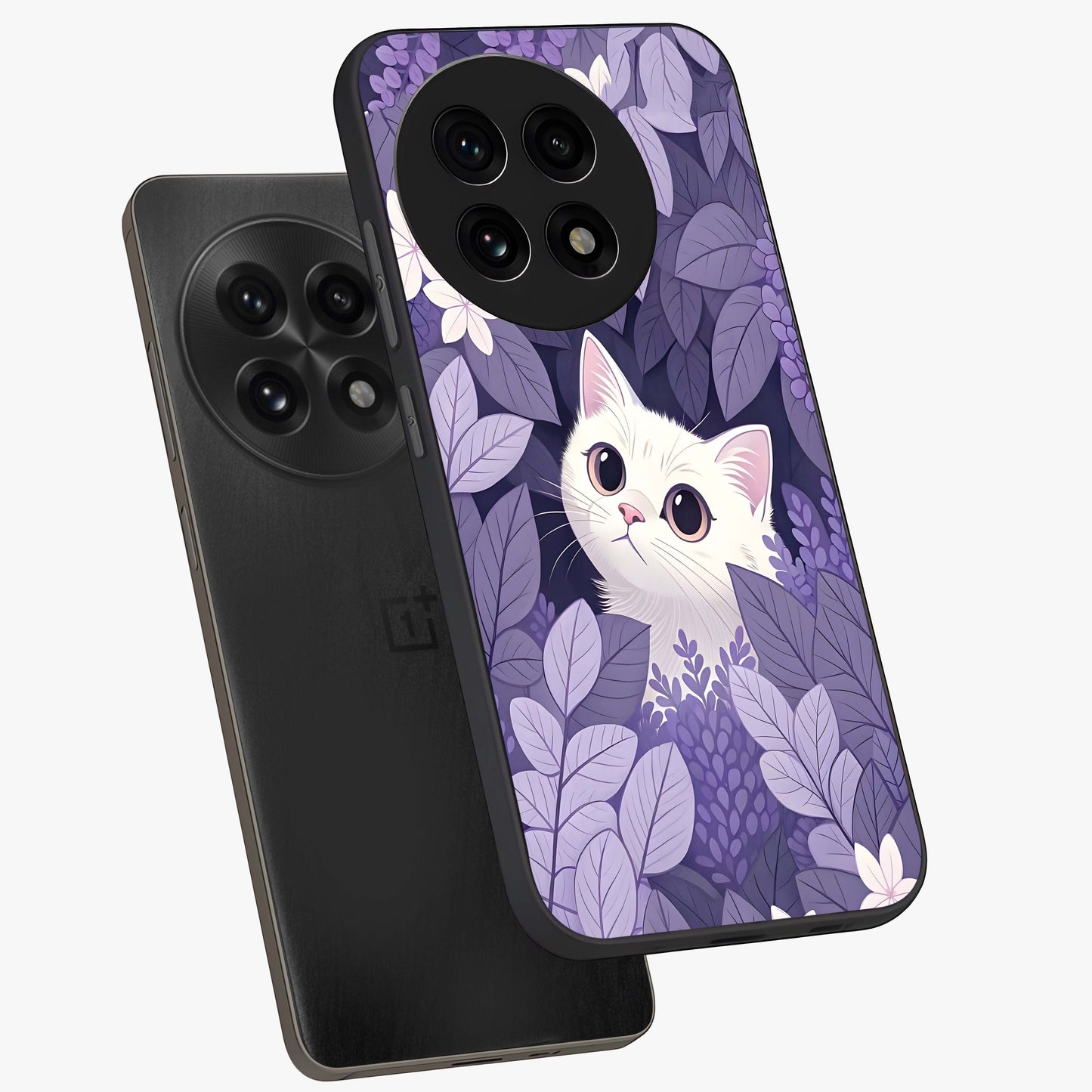Lilac Hide Peek Cat Glass Case for 1+13R angled mockup showcasing glossy finish and cute character detailing