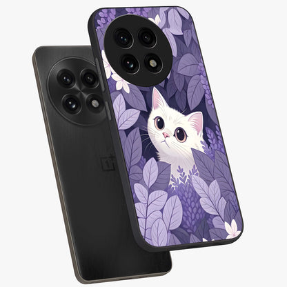 Lilac Hide Peek Cat Glass Case for 1+13R angled mockup showcasing glossy finish and cute character detailing