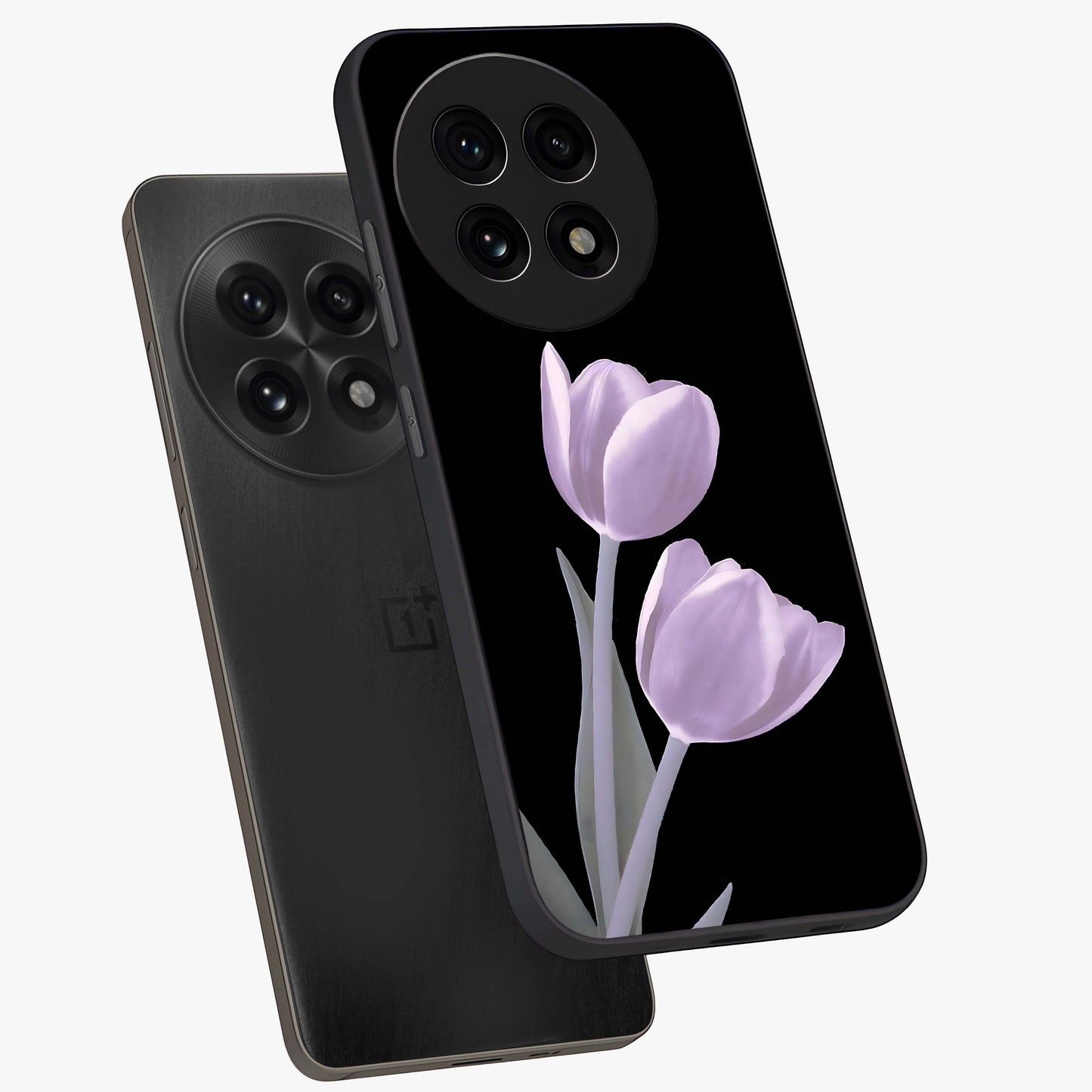 Lilac Tulip Flowers Glass Case for 1+13R angled mockup showcasing glossy finish and delicate bloom detailing
