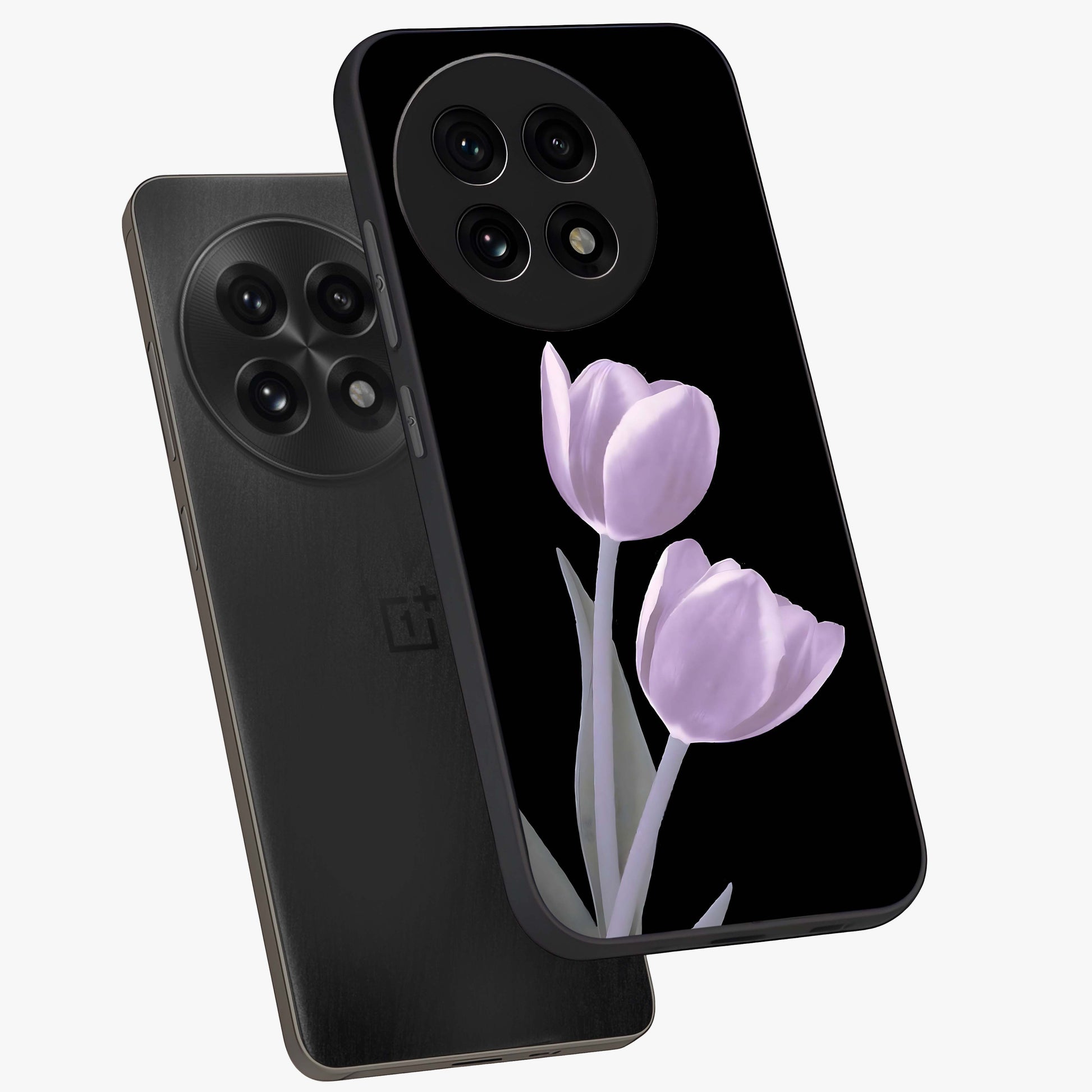 Lilac Tulip Flowers Glass Case for 1+13R angled mockup showcasing glossy finish and delicate bloom detailing