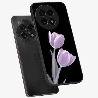 Lilac Tulip Flowers Glass Case for 1+13R angled mockup showcasing glossy finish and delicate bloom detailing