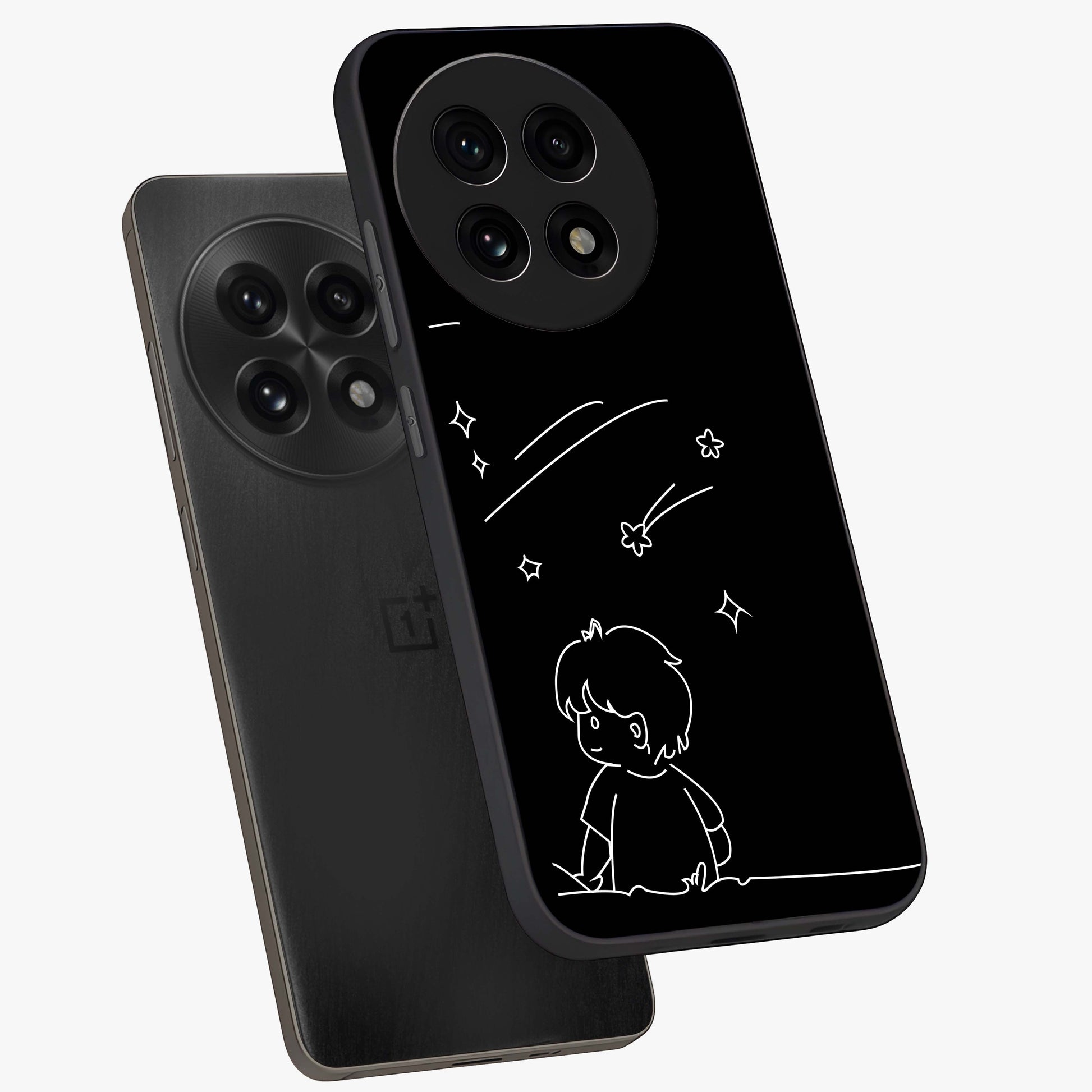 Line Art Boy With Shooting Stars Glass Case for 1+13R angled mockup showcasing glossy finish and clean monochrome detailing