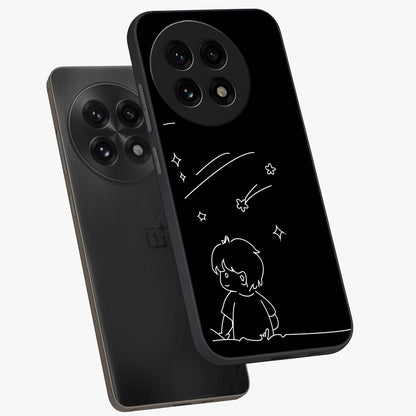 Line Art Boy With Shooting Stars Glass Case for 1+13R angled mockup showcasing glossy finish and clean monochrome detailing