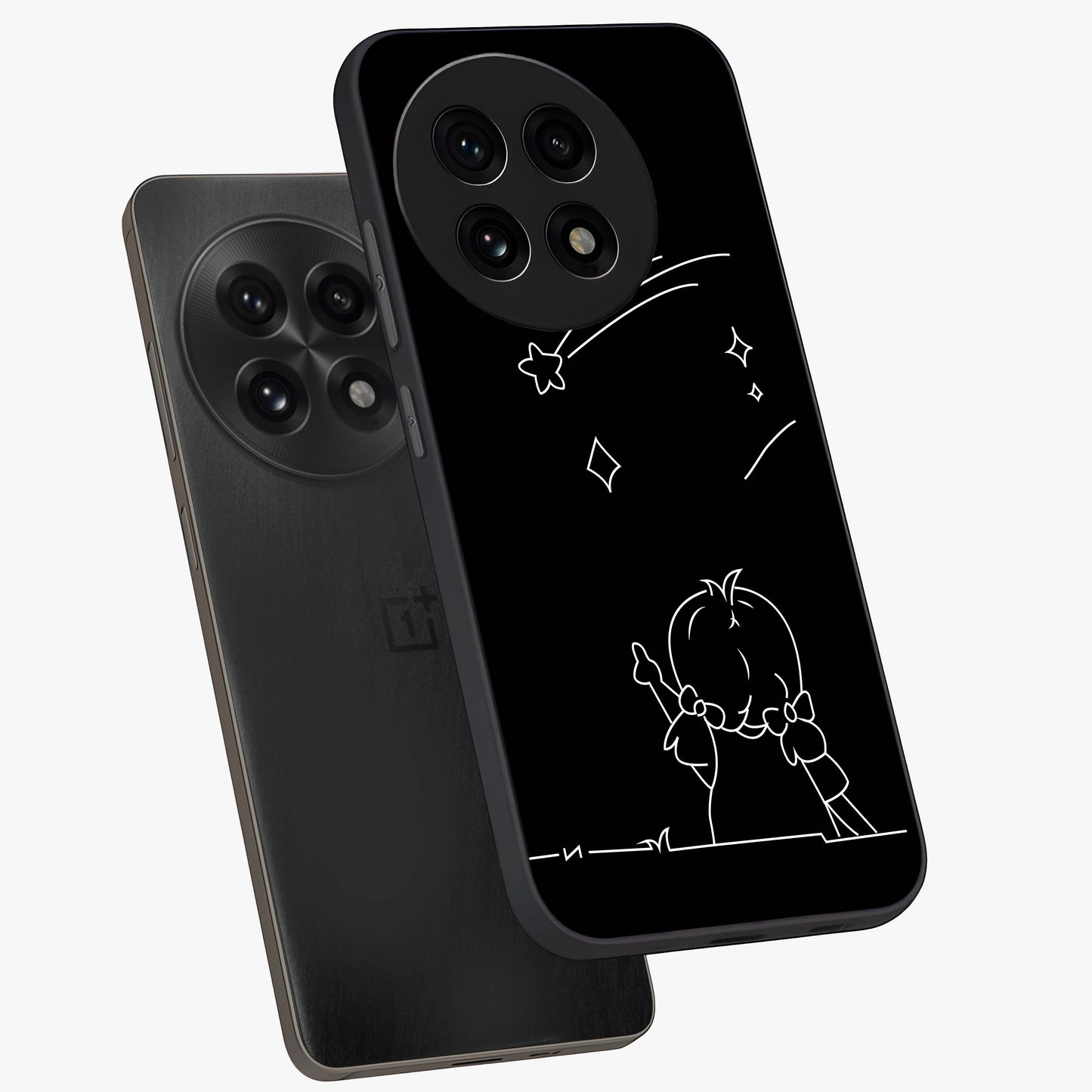 Line Art Girl With Shooting Stars Glass Case for 1+13R angled mockup showcasing glossy finish and refined artistic detailing