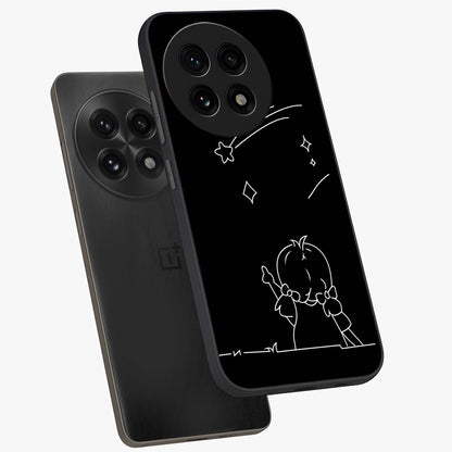 Line Art Girl With Shooting Stars Glass Case for 1+13R angled mockup showcasing glossy finish and refined artistic detailing