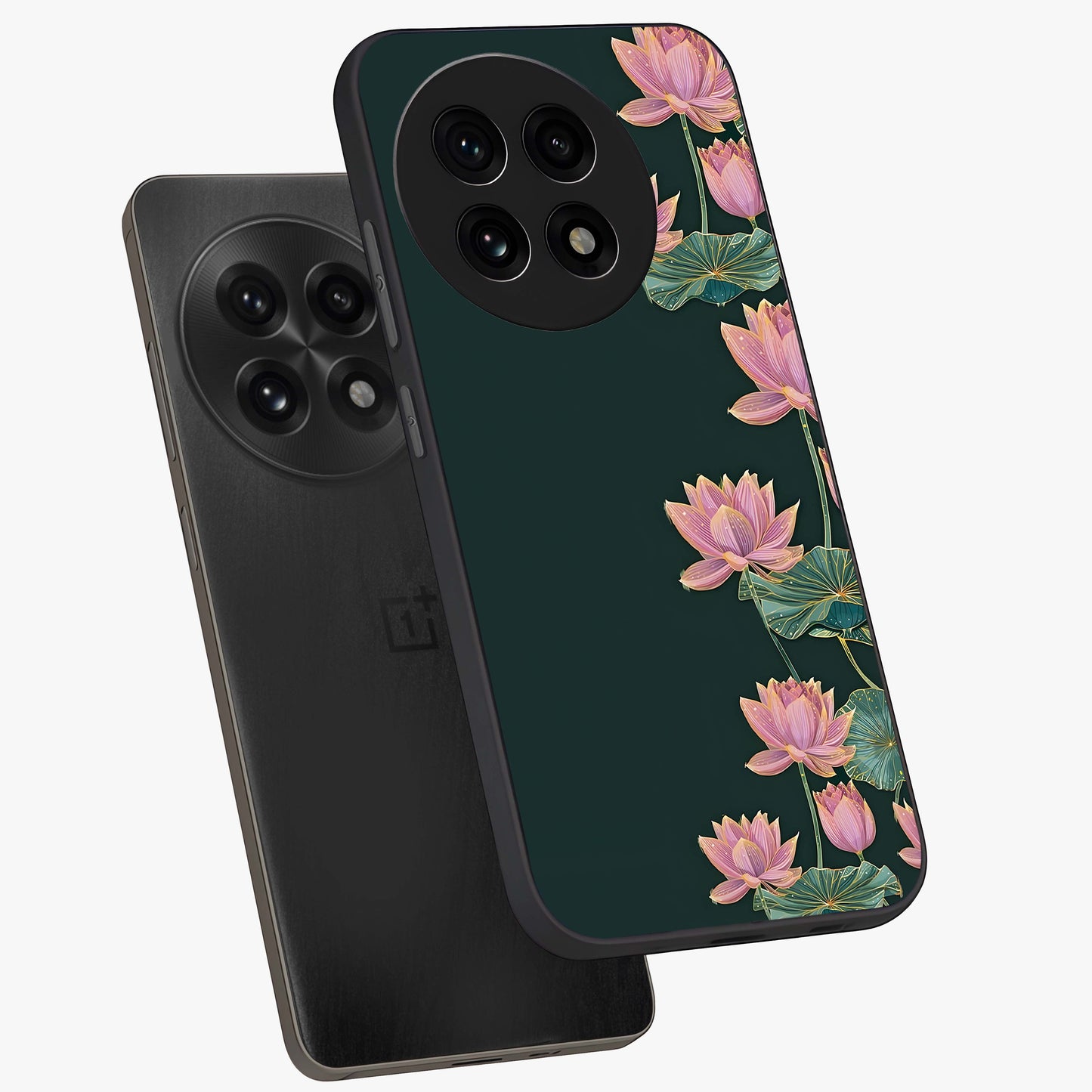 Lotus Bloom Serenity Glass Case for 1+13R angled mockup showcasing glossy glass finish and calming tones