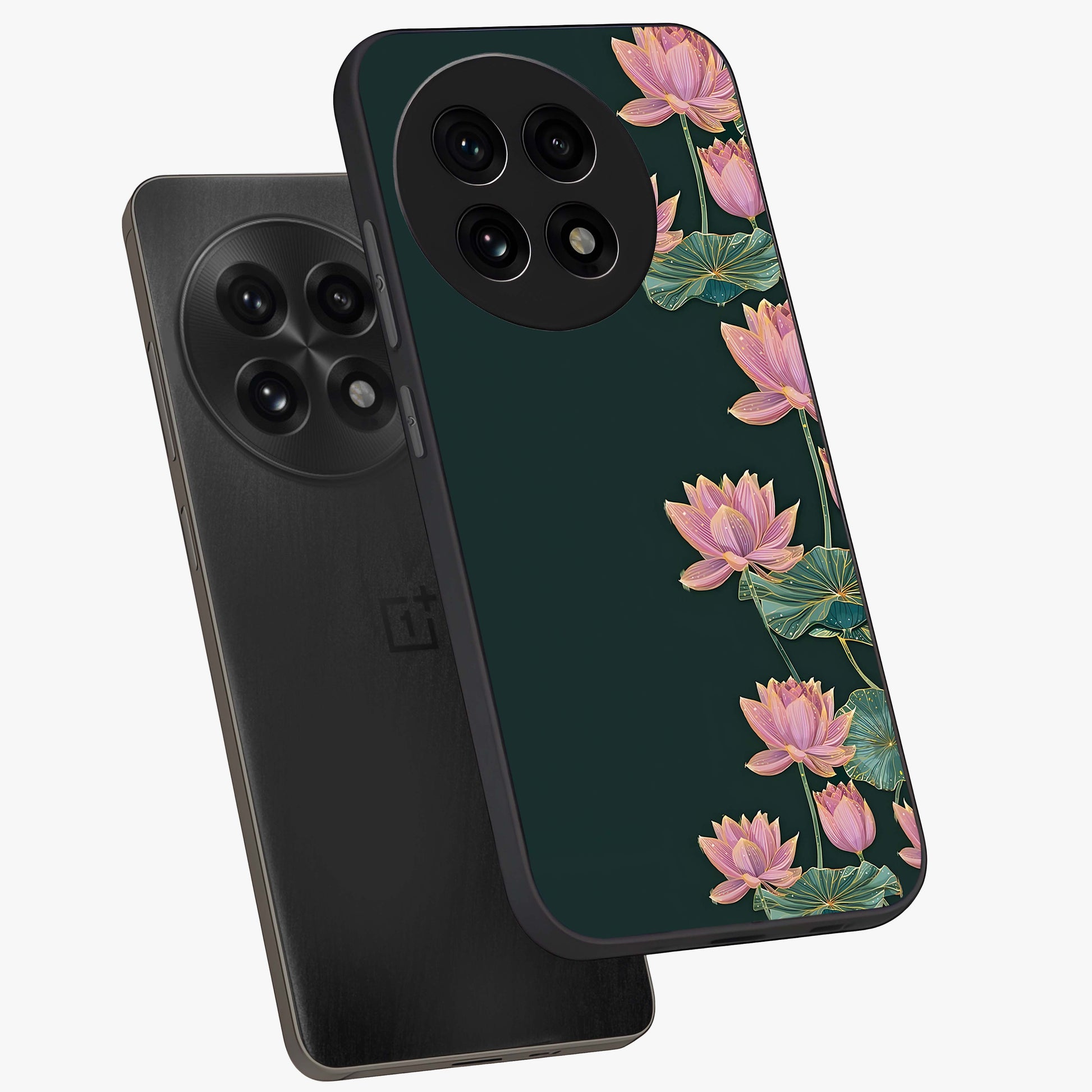 Lotus Bloom Serenity Glass Case for 1+13R angled mockup showcasing glossy glass finish and calming tones
