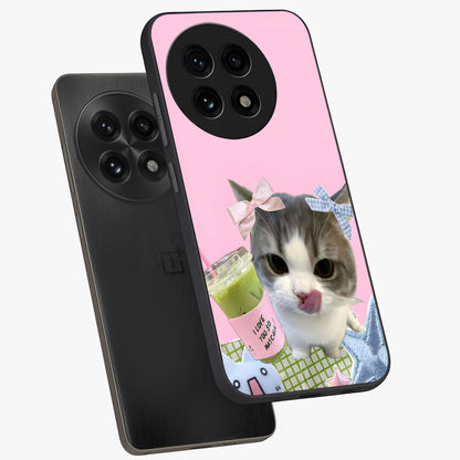 Love Matcha Cat Glass Case for 1+13R angled mockup showcasing glossy finish and playful pastel tones