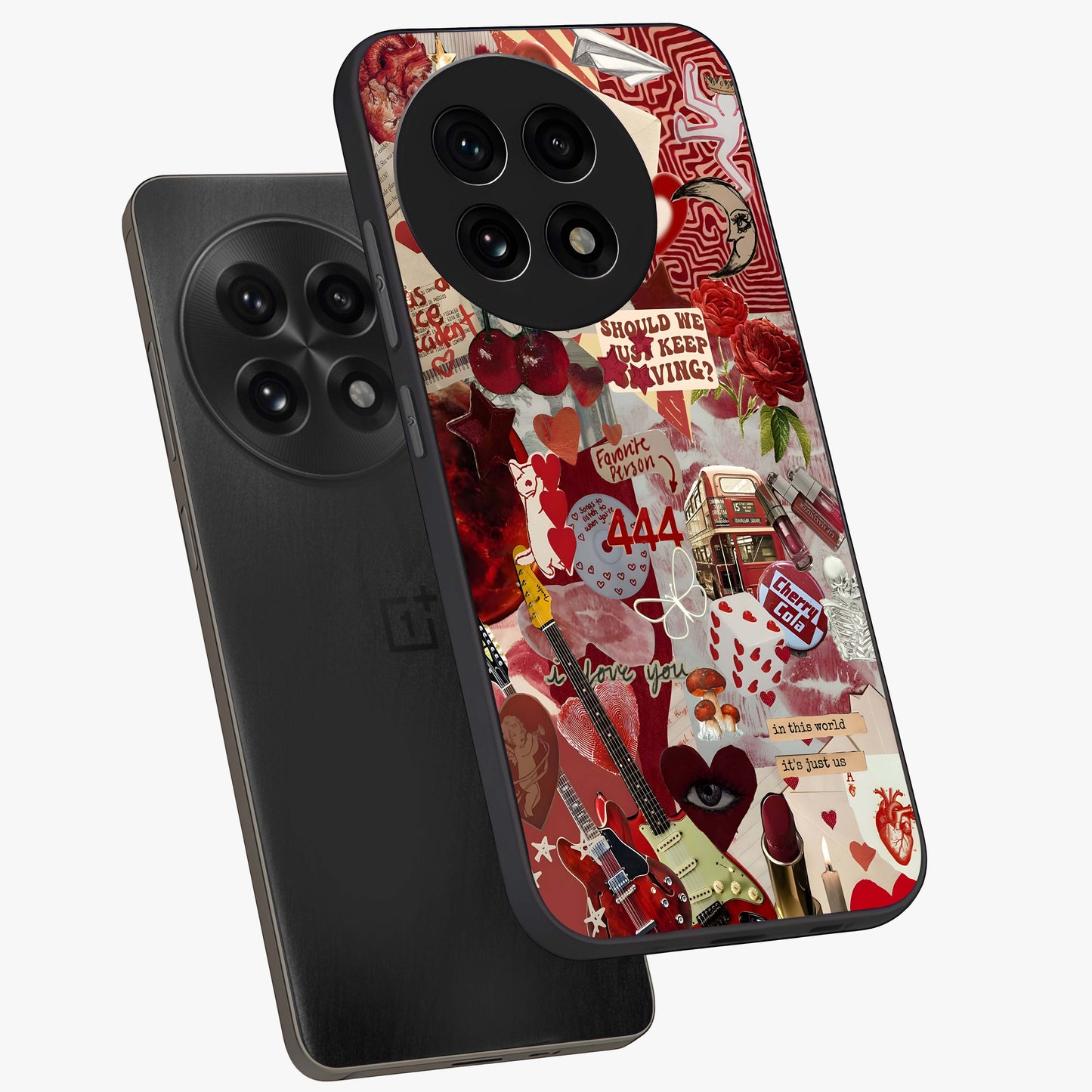 Lover’S Red Chaos Glass Case for 1+13R angled mockup showcasing glossy finish and dramatic crimson tones