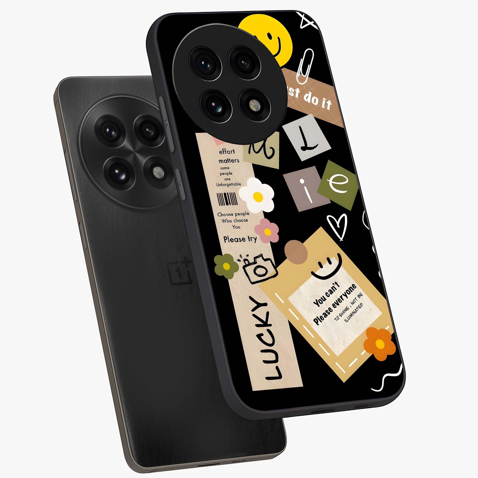 Lucky Aesthetic Collage Case Glass Case for 1+13R angled mockup showcasing glossy finish and colorful textures