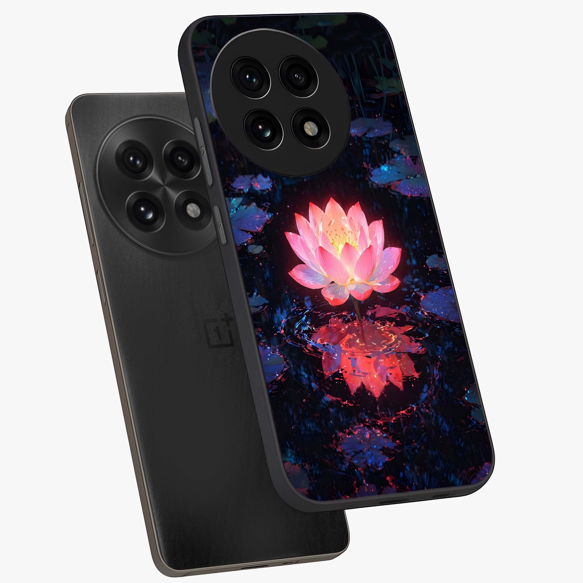 Luminous Lotus Glow Glass Case for 1+13R angled mockup showcasing glossy finish and warm luminous tones