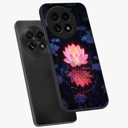 Luminous Lotus Glow Glass Case for 1+13R angled mockup showcasing glossy finish and warm luminous tones