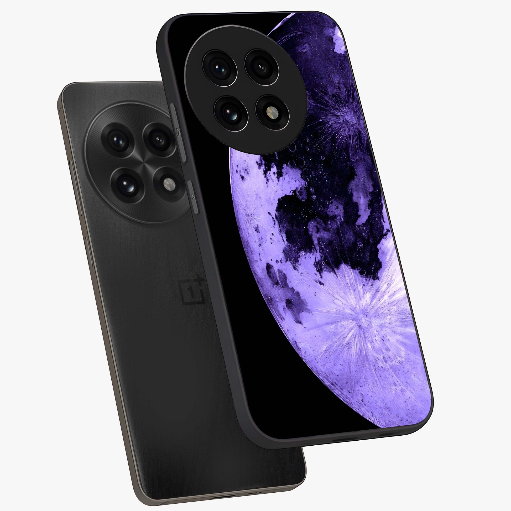 Lunar Glow in Violet Glass Case for 1+13R angled mockup showcasing glossy finish and soft purple gradients