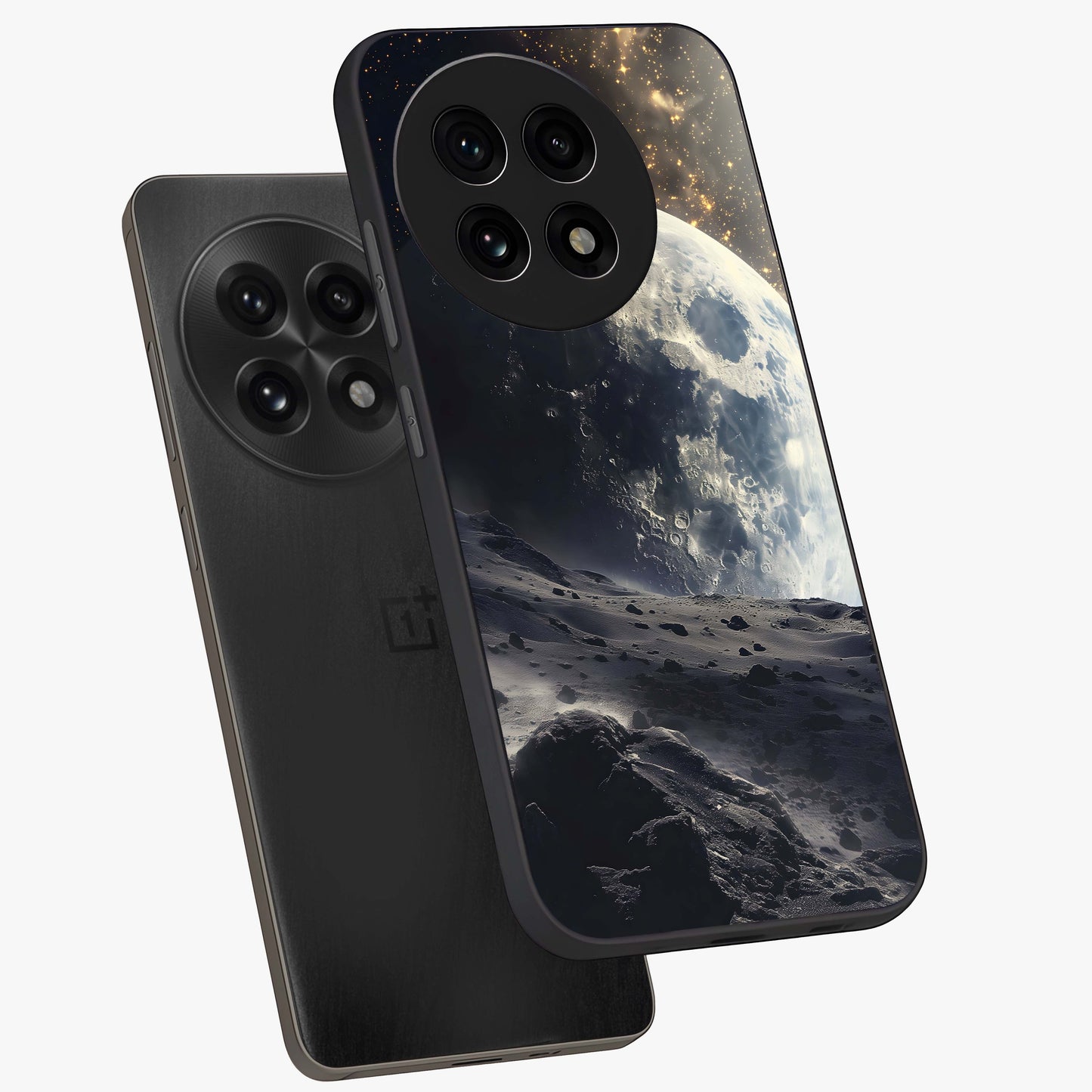 Lunar Horizon Glow Glass Case for 1+13R angled mockup showcasing glossy finish and warm night tones