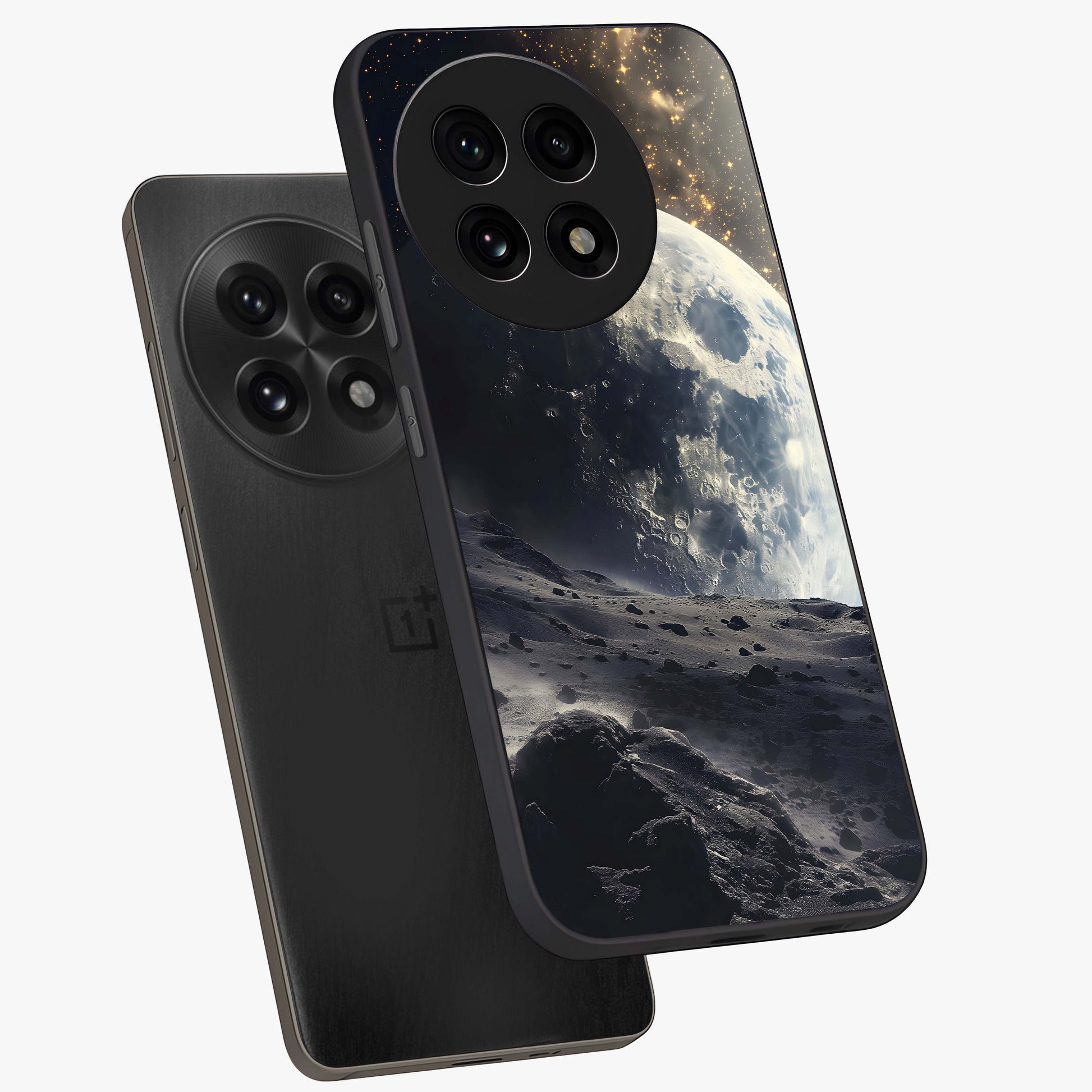 Lunar Horizon Glow Glass Case for 1+13R angled mockup showcasing glossy finish and warm night tones