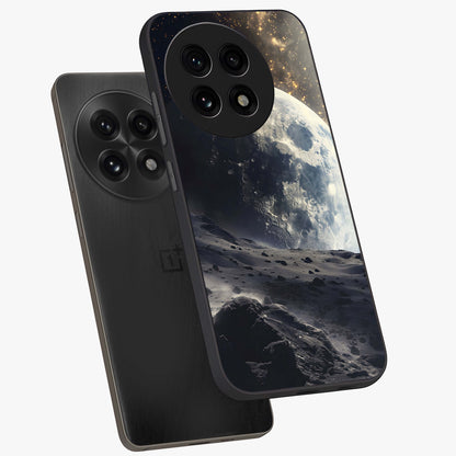 Lunar Horizon Glow Glass Case for 1+13R angled mockup showcasing glossy finish and warm night tones