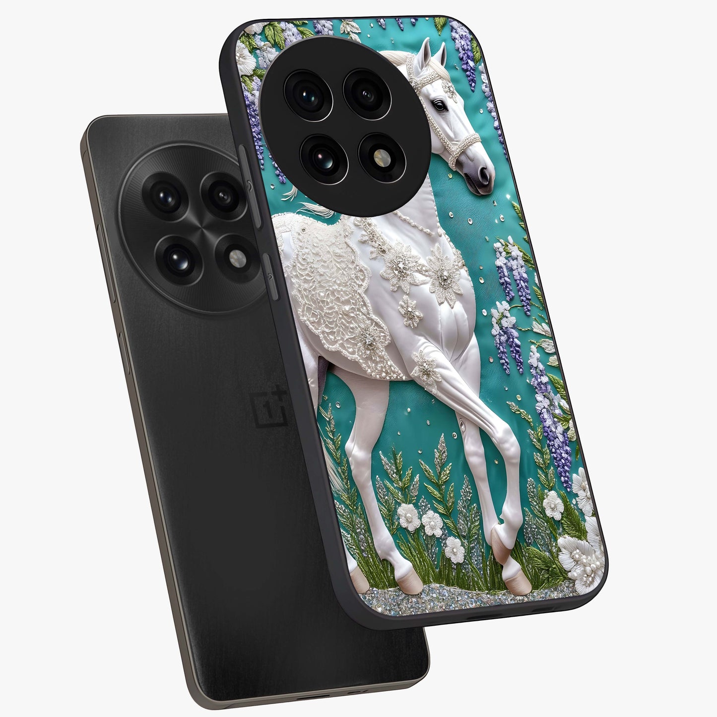 Majestic Floral Stallion Glass Case for 1+13R angled mockup showcasing glossy finish and vibrant artistic tones