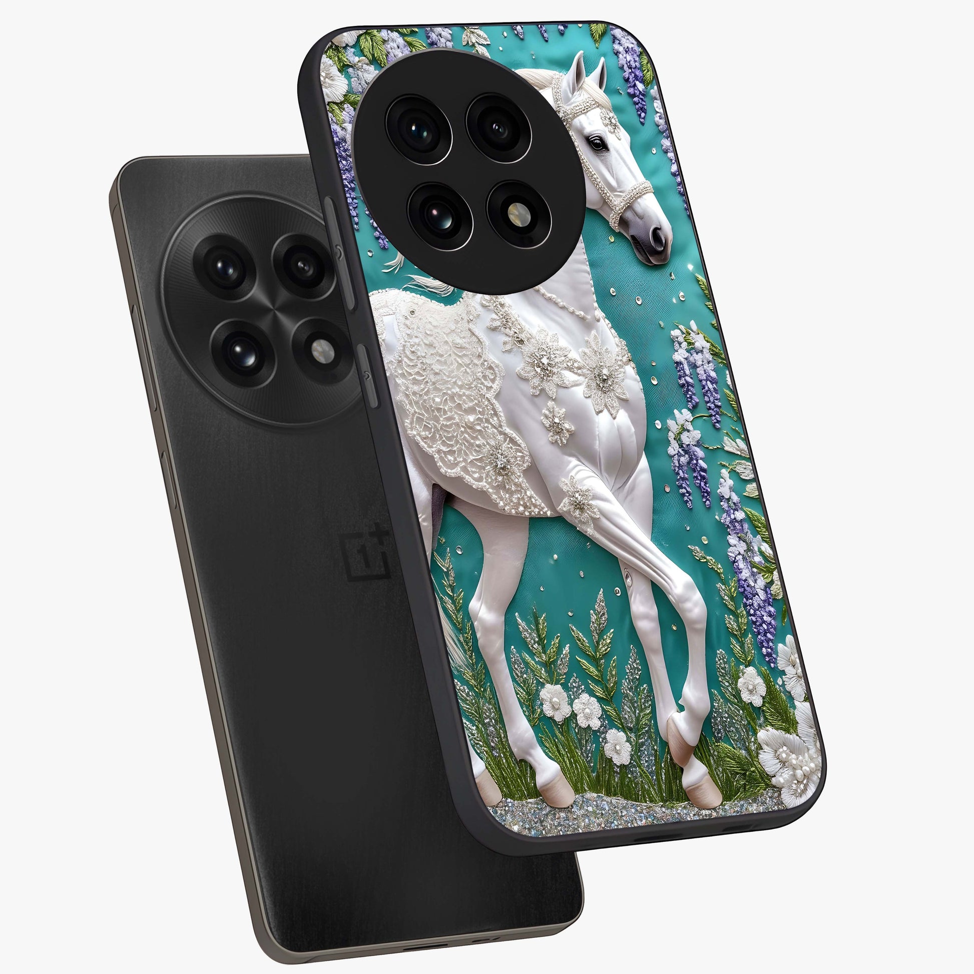 Majestic Floral Stallion Glass Case for 1+13R angled mockup showcasing glossy finish and vibrant artistic tones