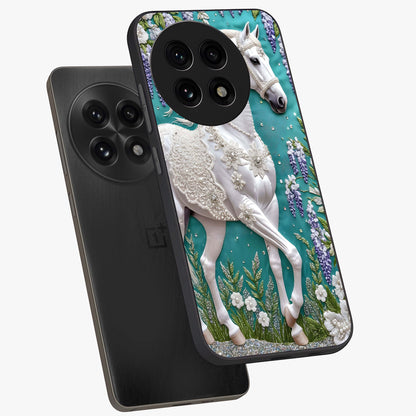 Majestic Floral Stallion Glass Case for 1+13R angled mockup showcasing glossy finish and vibrant artistic tones