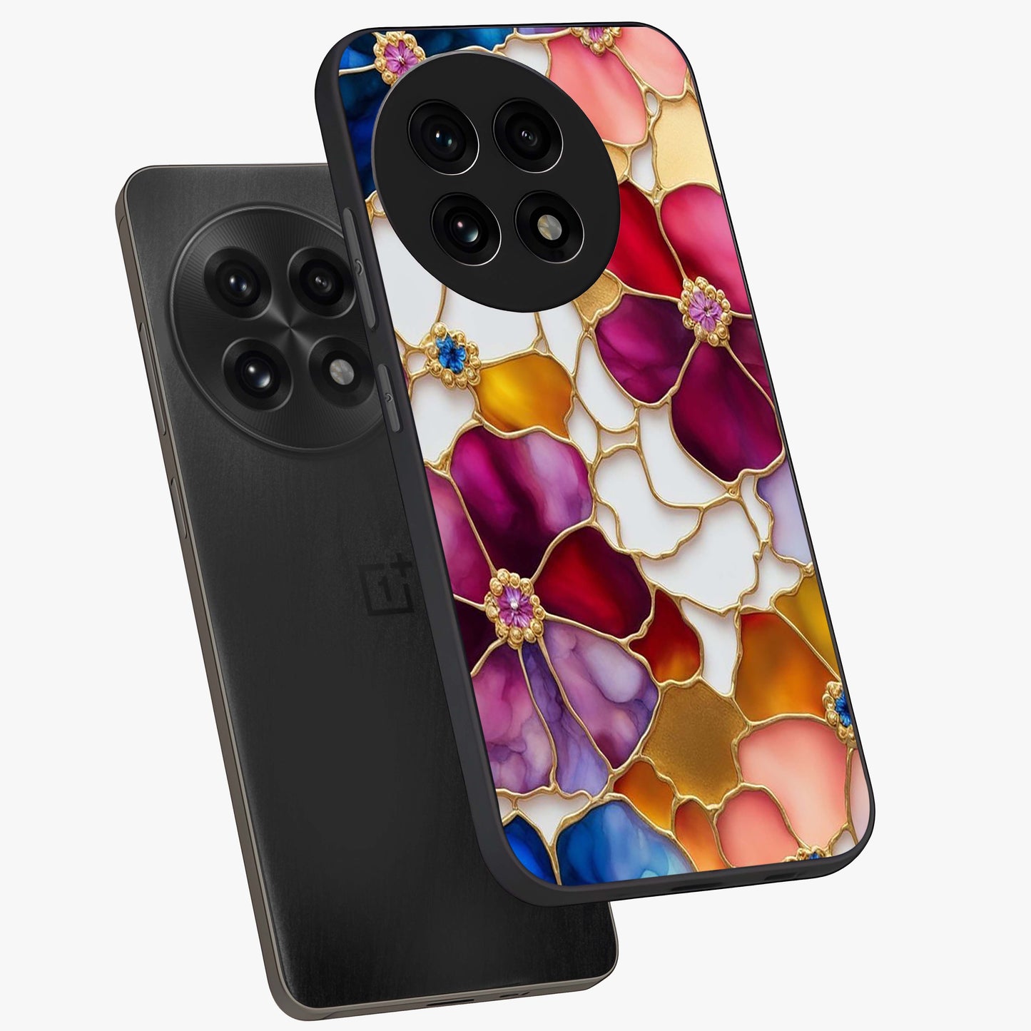 Marble Flower Pattern Glass Case for 1+13R angled mockup showcasing glossy finish and detailed bloom accents