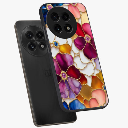 Marble Flower Pattern Glass Case for 1+13R angled mockup showcasing glossy finish and detailed bloom accents