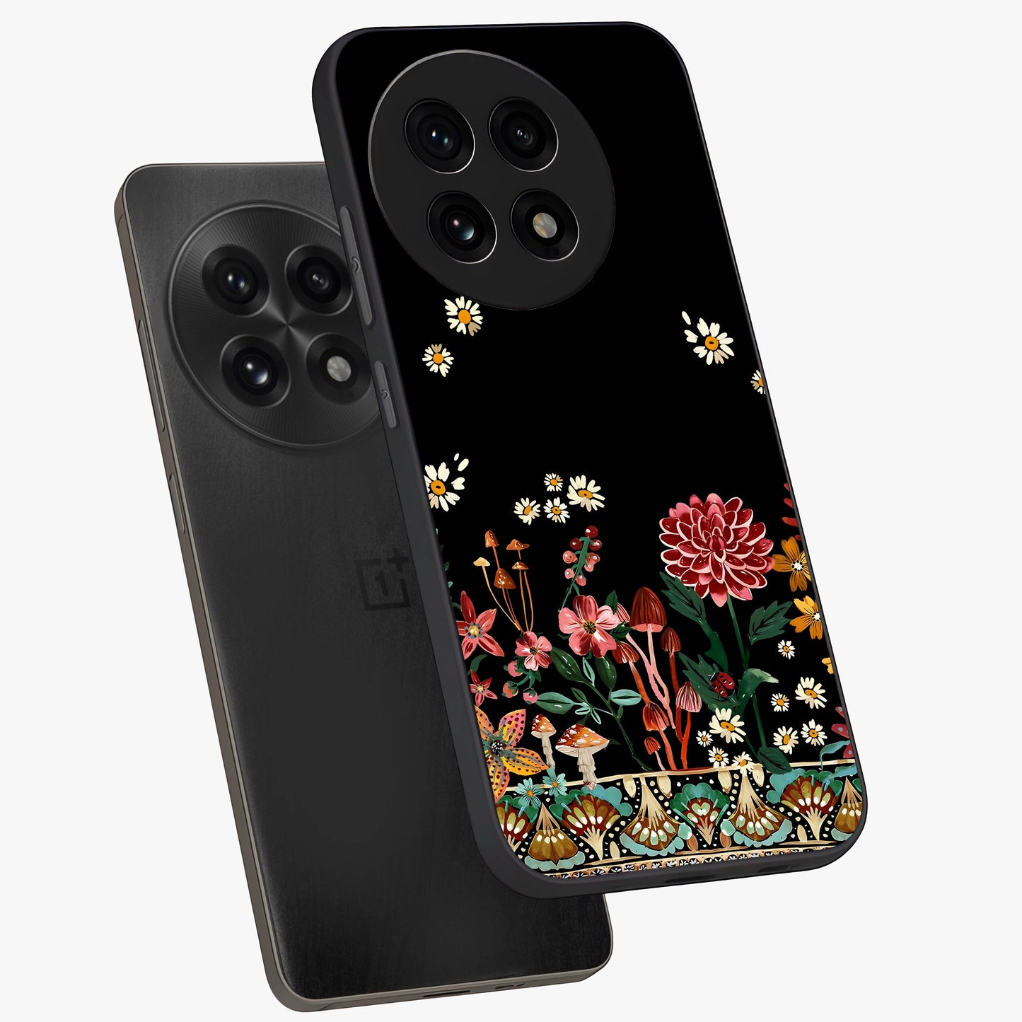 Midnight Bloom Pattern Glass Case for 1+13R angled mockup showcasing glossy finish and rich bloom detailing