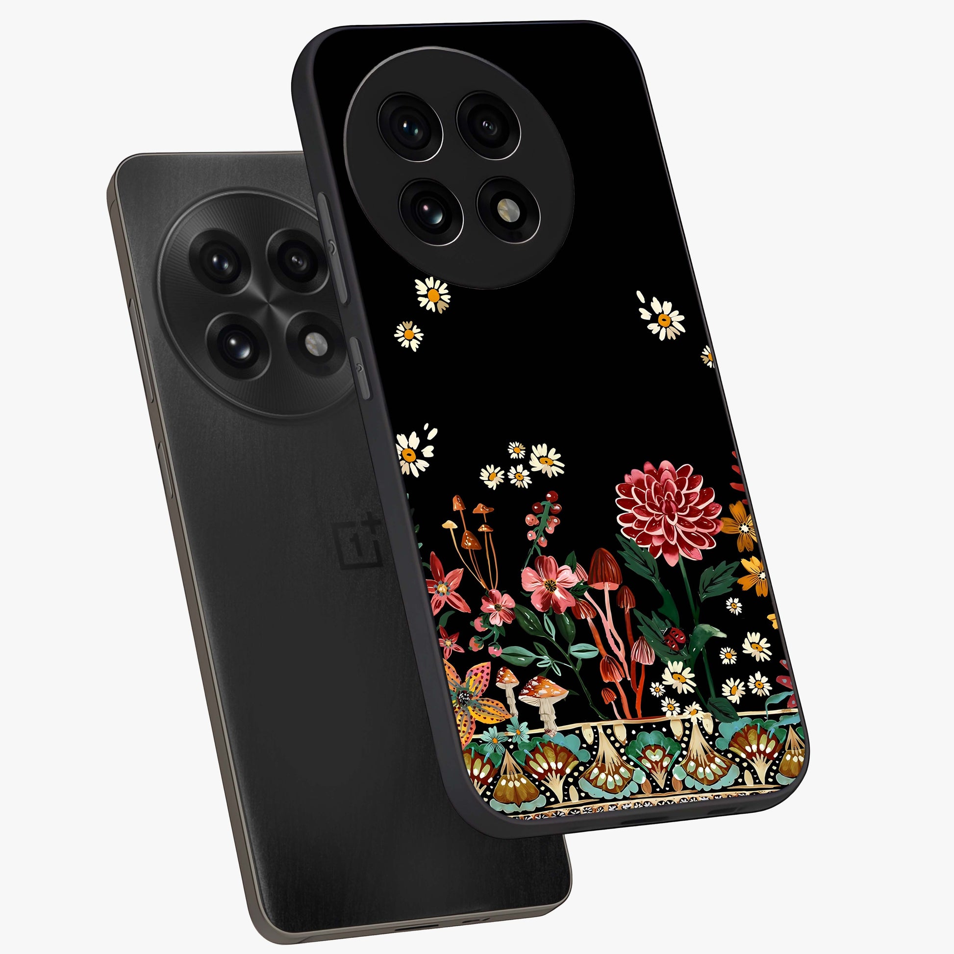 Midnight Bloom Pattern Glass Case for 1+13R angled mockup showcasing glossy finish and rich bloom detailing