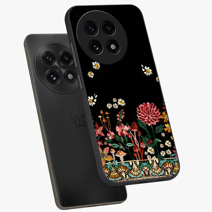 Midnight Bloom Pattern Glass Case for 1+13R angled mockup showcasing glossy finish and rich bloom detailing