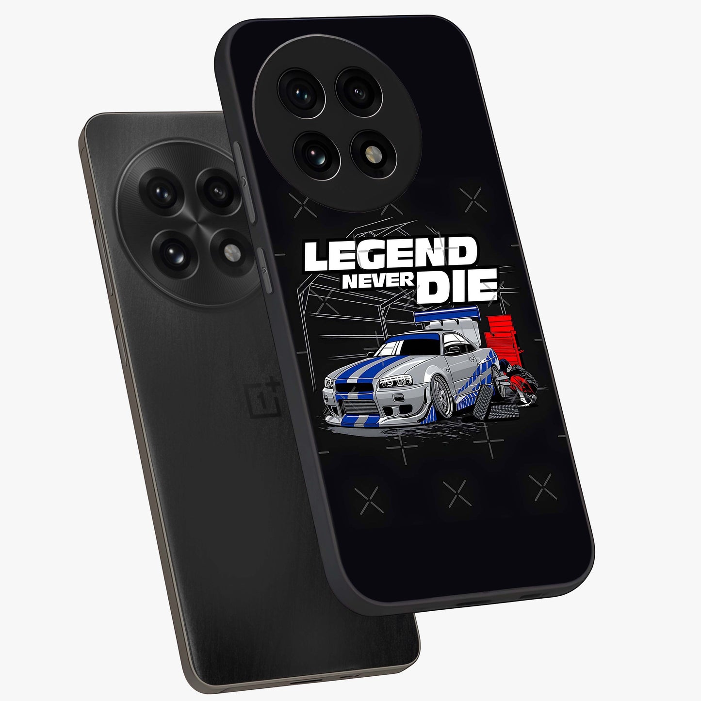 Midnight Racing Legacy Glass Case for 1+13R angled mockup showcasing glossy glass finish and dynamic motion detailing