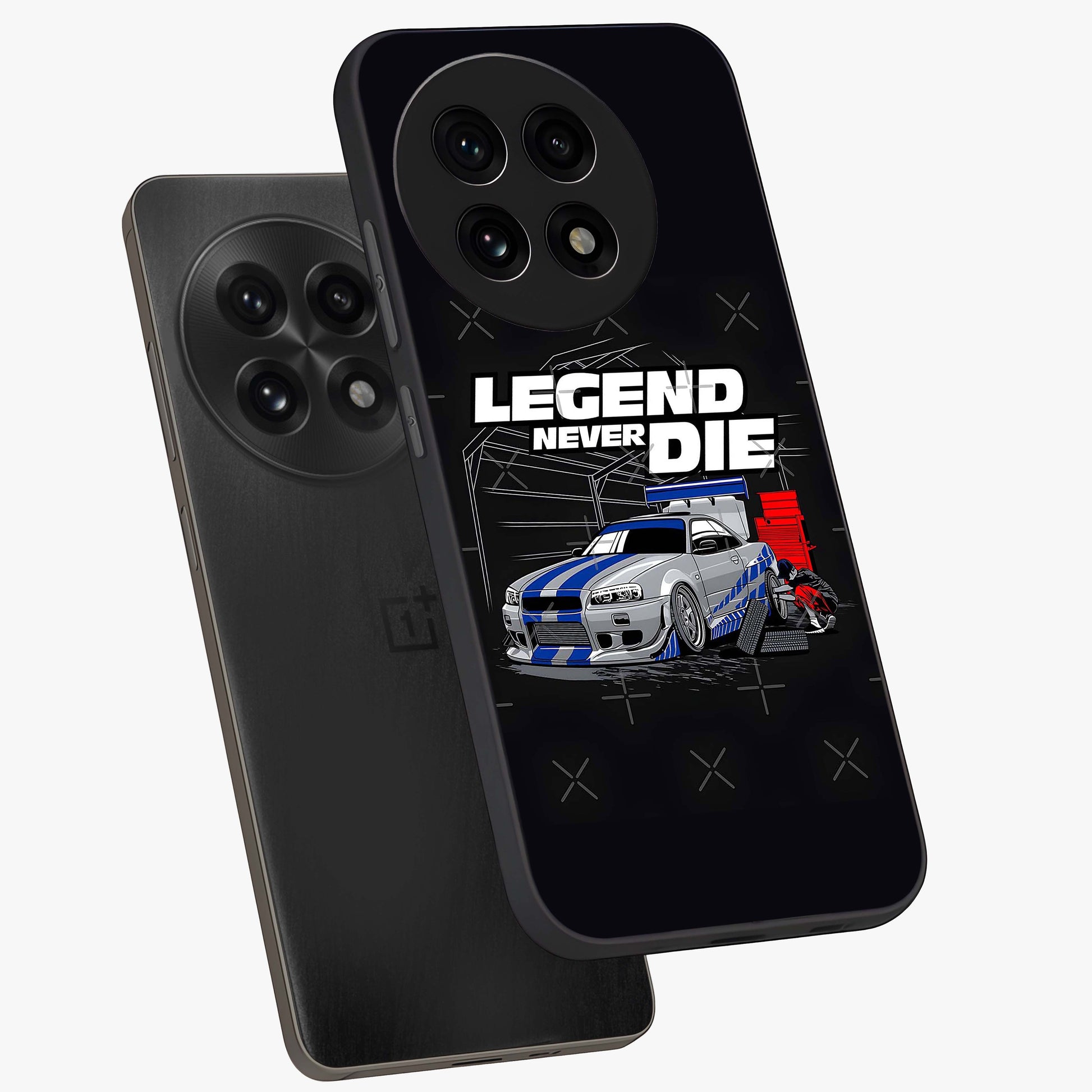 Midnight Racing Legacy Glass Case for 1+13R angled mockup showcasing glossy glass finish and dynamic motion detailing
