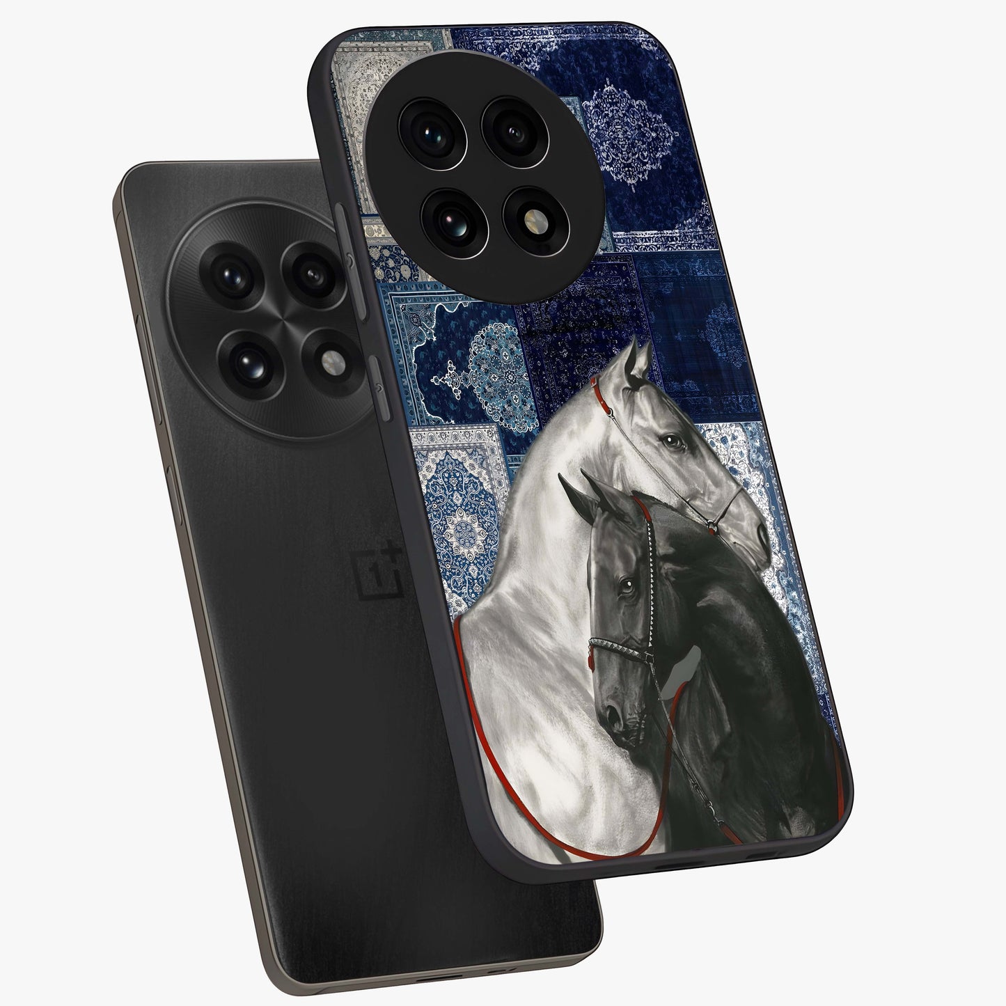 Midnight Stallion Blues Glass Case for 1+13R angled mockup showcasing glossy finish and dramatic equestrian detailing