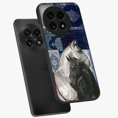 Midnight Stallion Blues Glass Case for 1+13R angled mockup showcasing glossy finish and dramatic equestrian detailing