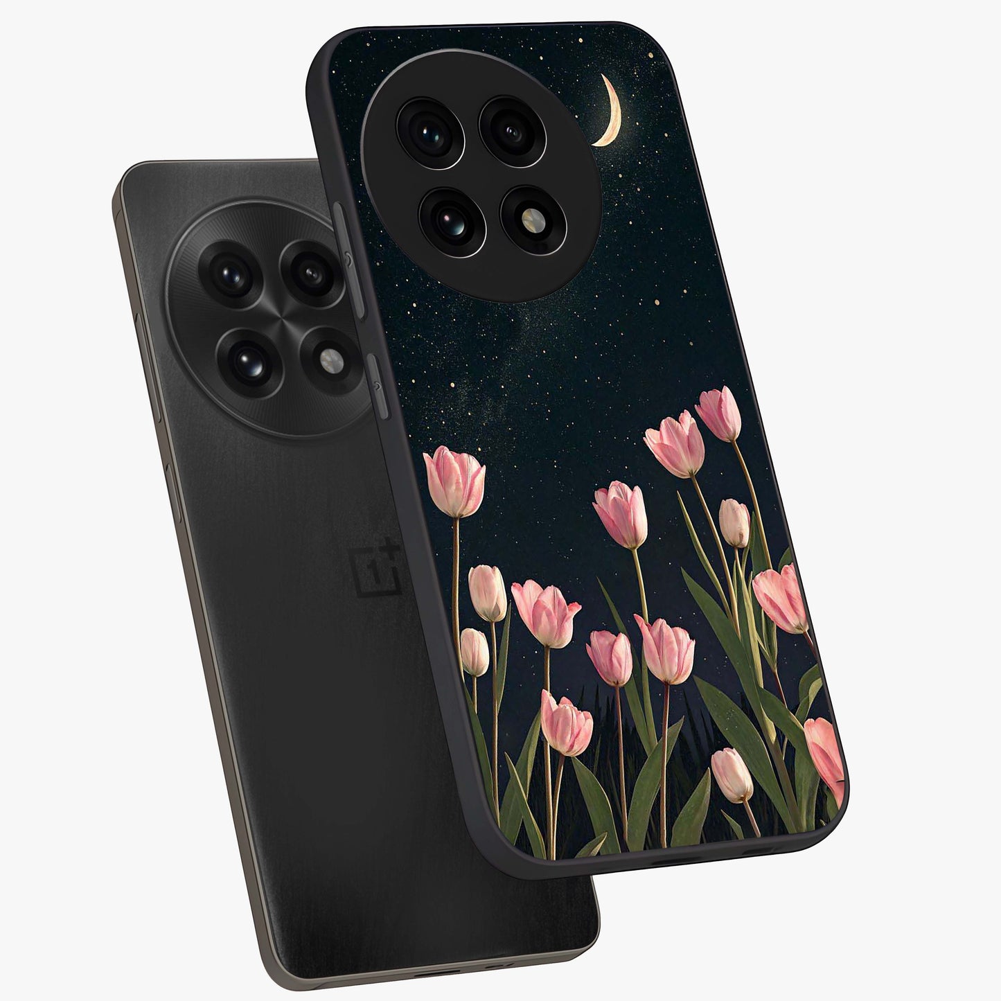 Midnight Tulip Whispers Vibe Glass Case for 1+13R angled mockup showcasing glossy finish and subtle bloom detailing
