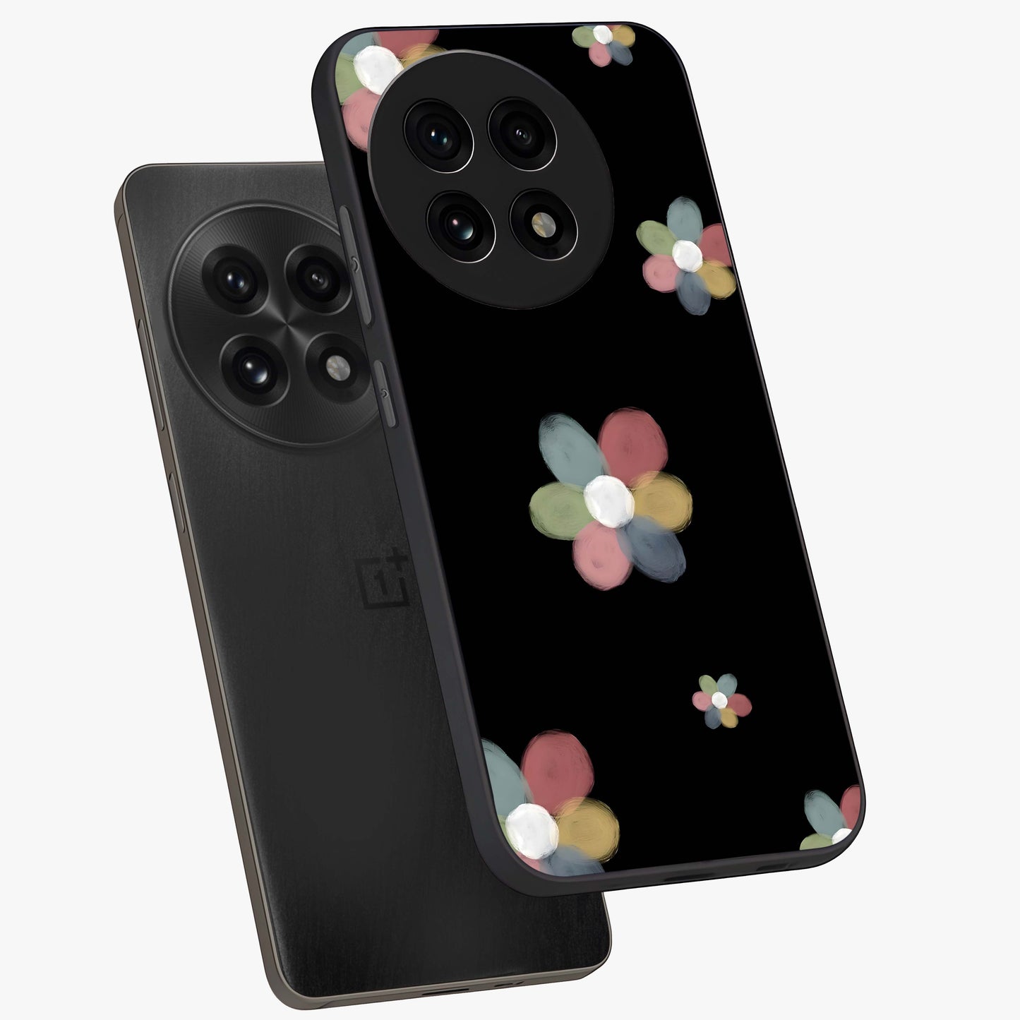 Minimal Floral Charm Glass Case for 1+13R angled mockup showcasing glossy finish and soft pastel tones