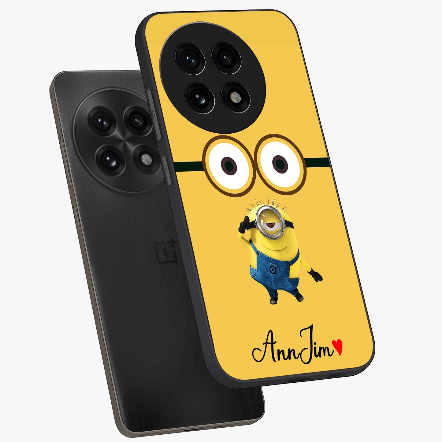 Minion Custom Name Glass Case for 1+13R angled mockup showcasing glossy finish and vibrant character detailing