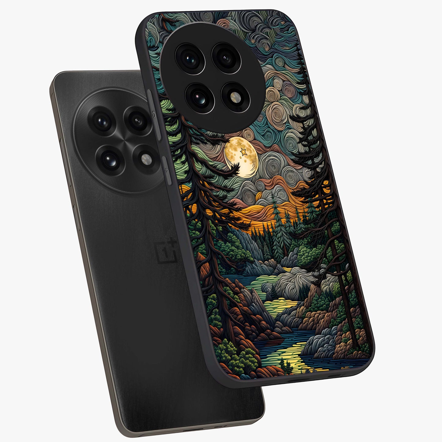 Moonlight Forest Dream Glass Case for 1+13R angled mockup showcasing glossy finish and deep night gradients