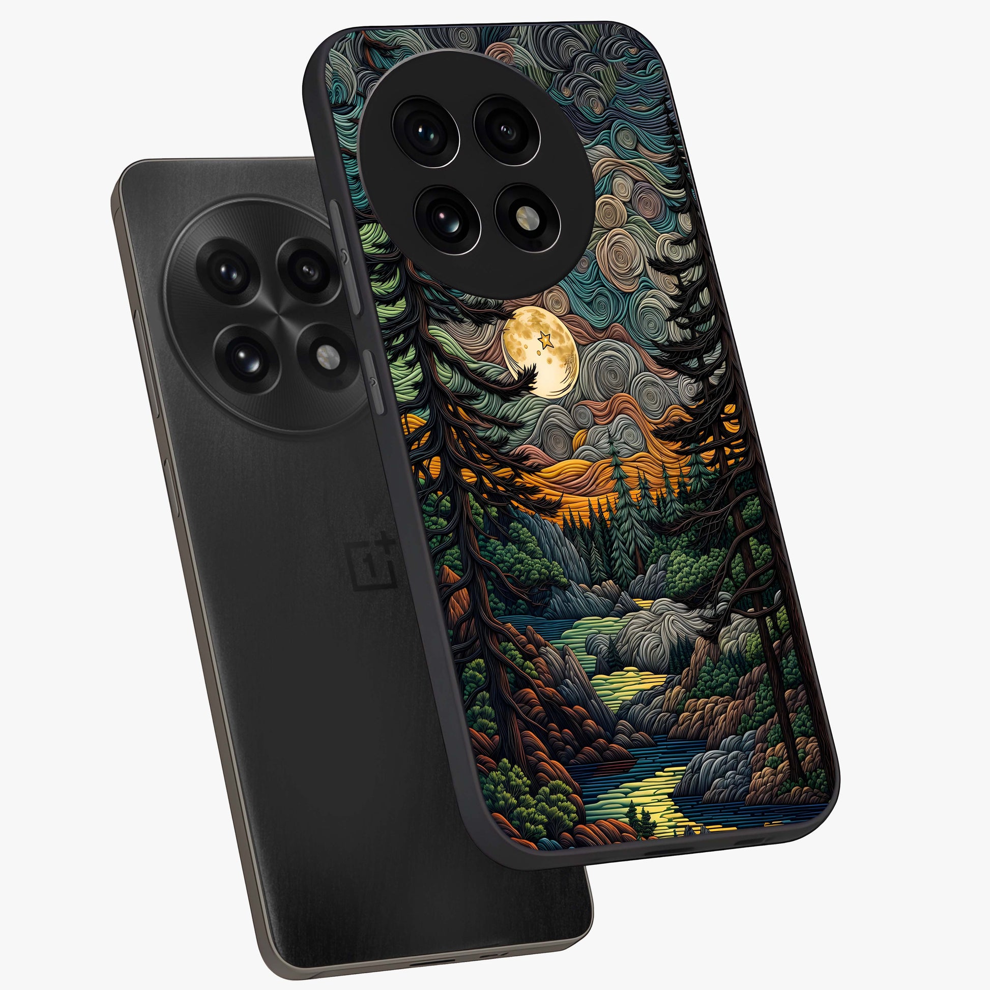 Moonlight Forest Dream Glass Case for 1+13R angled mockup showcasing glossy finish and deep night gradients